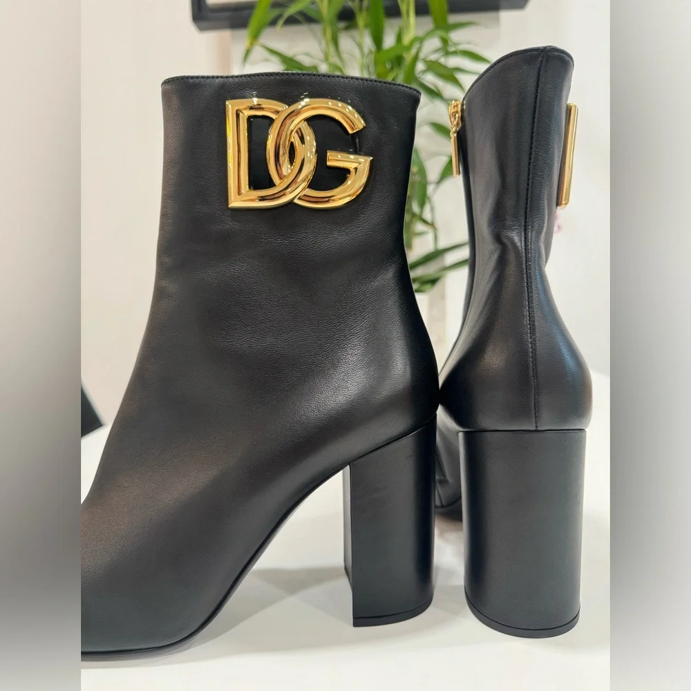 Dolce and Gabbana Gold Logo Black Nappa leather ankle boots